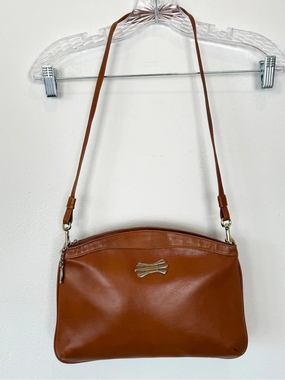 Vintage Brown Leather Double Zip Crossbody Shoulder Bag Purse